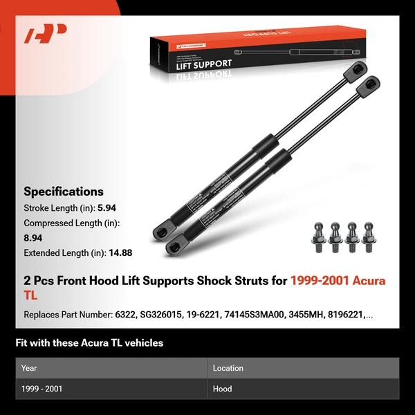 2 Pcs Front Hood Lift Supports Shock Struts for 1999-2001 Acura TL