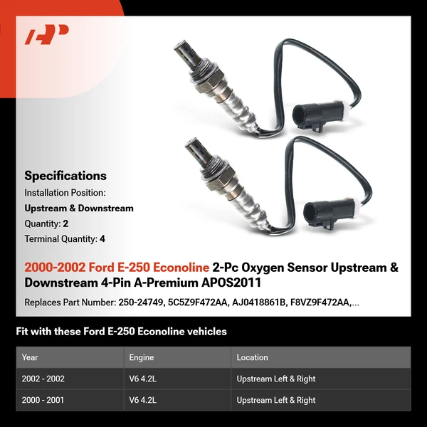 2000-2002 Ford E-250 Econoline 2-Pc Oxygen Sensor Upstream & Downstream 4-Pin A-Premium APOS2011