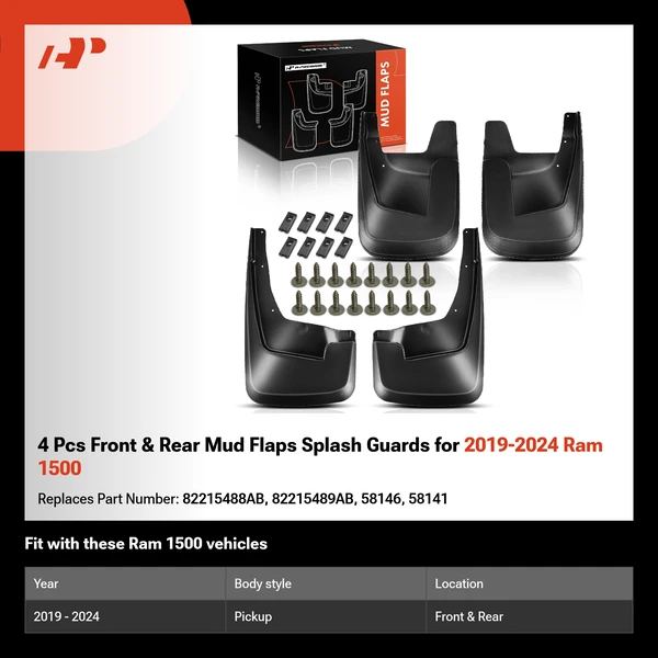 4 Pcs Front & Rear Mud Flaps Splash Guards for 2019-2024 Ram 1500