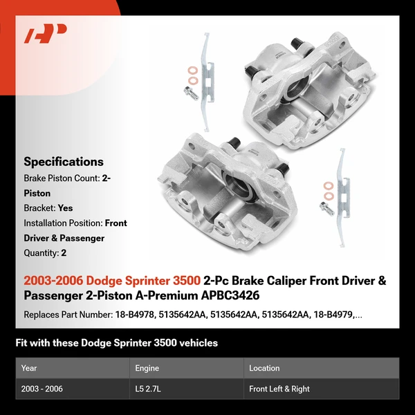 2003-2006 Dodge Sprinter 3500 2-Pc Brake Caliper Front Driver & Passenger 2-Piston A-Premium APBC3426