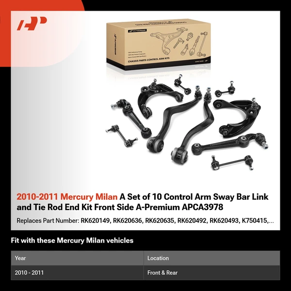2010-2011 Mercury Milan A Set of 10 Control Arm Sway Bar Link and Tie Rod End Kit Front Side A-Premium APCA3978