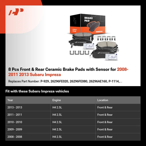 8 Pcs Front & Rear Ceramic Brake Pads with Sensor for 2008-2011 2013 Subaru Impreza