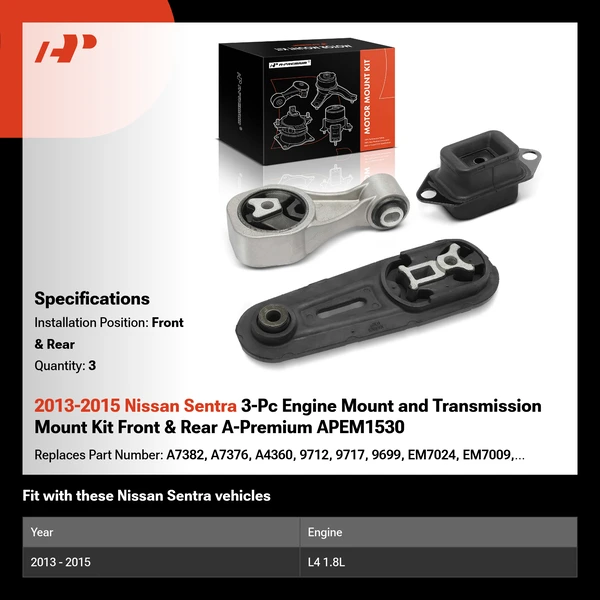 2013-2015 Nissan Sentra 3-Pc Engine Mount and Transmission Mount Kit Front & Rear A-Premium APEM1530