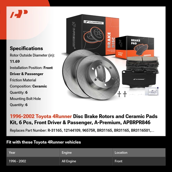 1996-2002 Toyota 4Runner Disc Brake Rotors and Ceramic Pads Kit, 6 Pcs, Front Driver & Passenger, A-Premium, APBRPR846