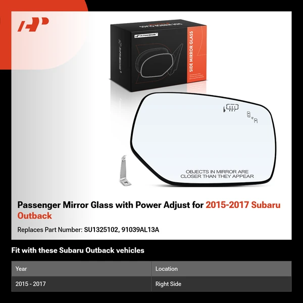 Passenger Mirror Glass with Power Adjust for 2015-2017 Subaru Outback