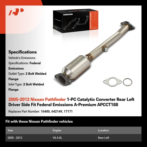 2005-2012 Nissan Pathfinder 1-PC Catalytic Converter Rear Left Driver Side Fit Federal Emissions A-Premium APCCT188
