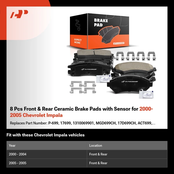 8 Pcs Front & Rear Ceramic Brake Pads with Sensor for 2000-2005 Chevrolet Impala