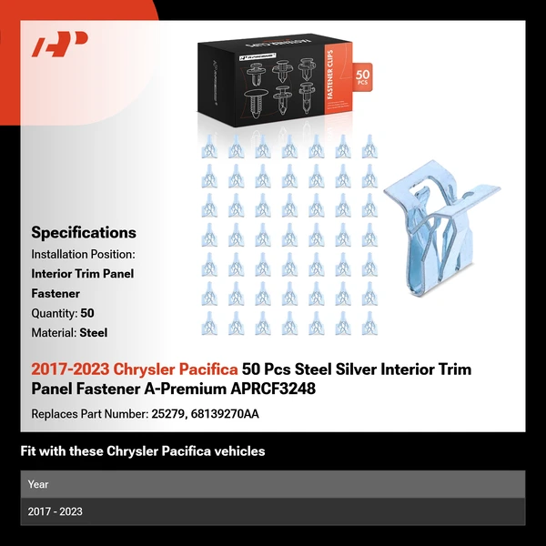 2017-2023 Chrysler Pacifica 50 Pcs Steel Silver Interior Trim Panel Fastener A-Premium APRCF3248
