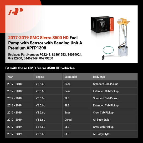 2017-2019 GMC Sierra 3500 HD Fuel Pump with Sensor with Sending Unit A-Premium APFP1398