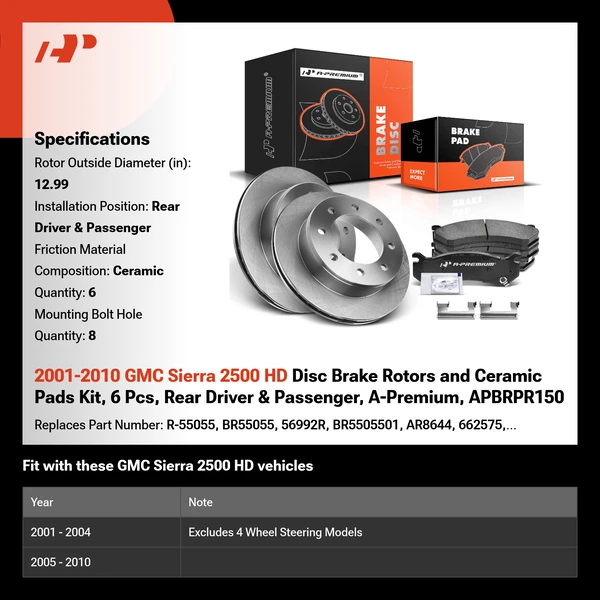 2001-2010 GMC Sierra 2500 HD Disc Brake Rotors and Ceramic Pads Kit, 6 Pcs, Rear Driver & Passenger, A-Premium, APBRPR150