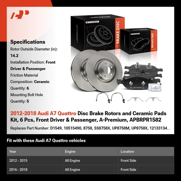 2012-2018 Audi A7 Quattro Disc Brake Rotors and Ceramic Pads Kit, 6 Pcs, Front Driver & Passenger, A-Premium, APBRPR1582