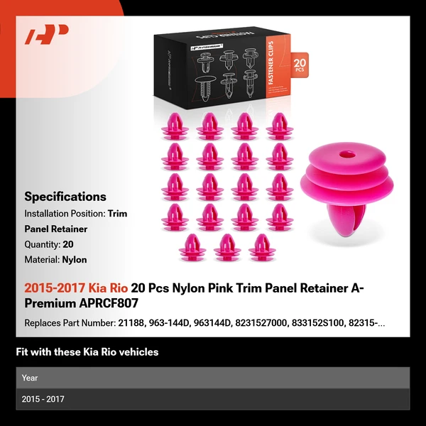 2015-2017 Kia Rio 20 Pcs Nylon Pink Trim Panel Retainer A-Premium APRCF807