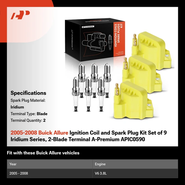 2005-2008 Buick Allure Ignition Coil and Spark Plug Kit Set of 9 Iridium Series, 2-Blade Terminal A-Premium APIC0590