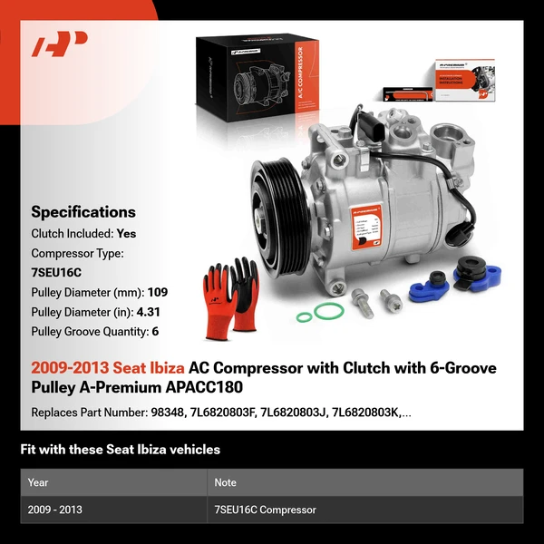 2009-2013 Seat Ibiza AC Compressor with Clutch with 6-Groove Pulley A-Premium APACC180