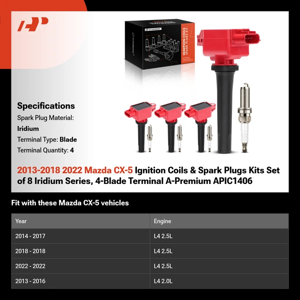 2013-2018 2022 Mazda CX-5 Ignition Coils & Spark Plugs Kits Set of 8 Iridium Series, 4-Blade Terminal A-Premium APIC1406