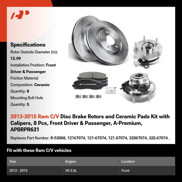 2013-2015 Ram C/V Disc Brake Rotors and Ceramic Pads Kit with Calipers, 8 Pcs, Front Driver & Passenger, A-Premium, APBRPR631