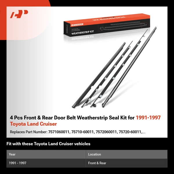 4 Pcs Front & Rear Door Belt Weatherstrip Seal Kit for 1991-1997 Toyota Land Cruiser