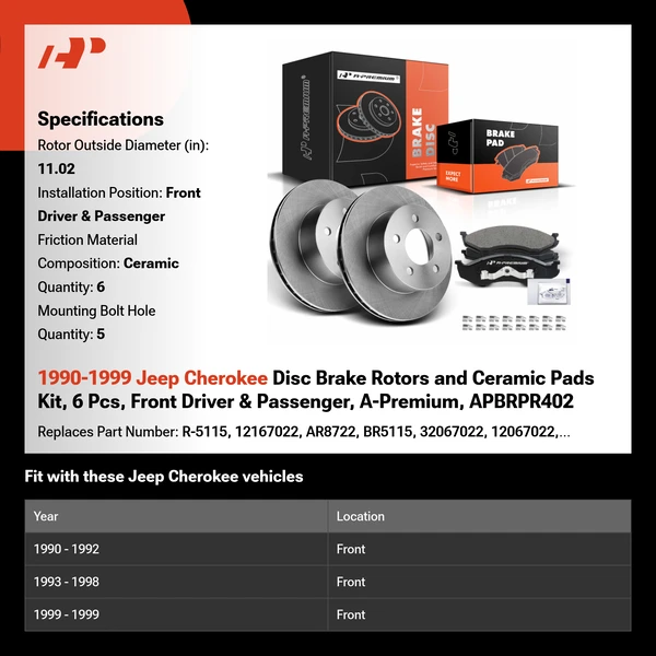 1990-1999 Jeep Cherokee Disc Brake Rotors and Ceramic Pads Kit, 6 Pcs, Front Driver & Passenger, A-Premium, APBRPR402
