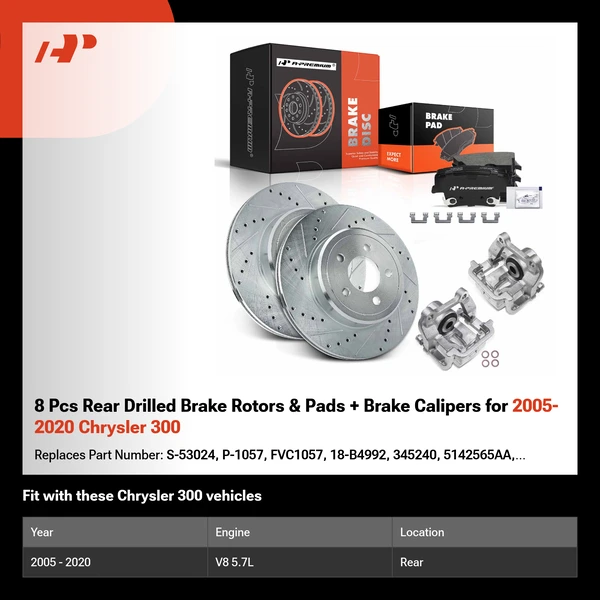 8 Pcs Rear Drilled Brake Rotors & Pads + Brake Calipers for 2005-2020 Chrysler 300