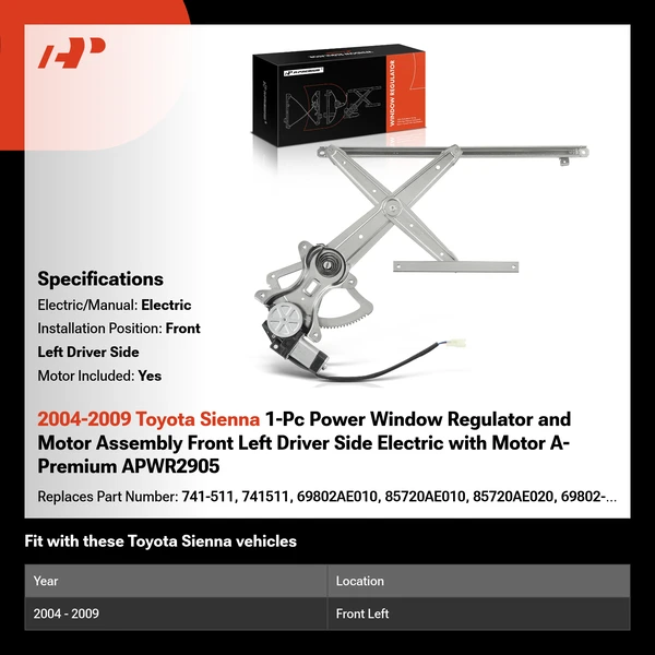 2004-2009 Toyota Sienna 1-Pc Power Window Regulator and Motor Assembly Front Left Driver Side Electric with Motor A-Premium APWR2905