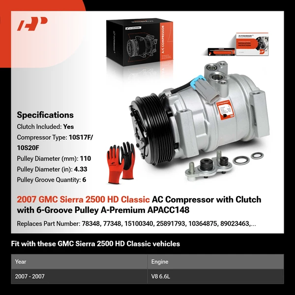 2007 GMC Sierra 2500 HD Classic AC Compressor with Clutch with 6-Groove Pulley A-Premium APACC148