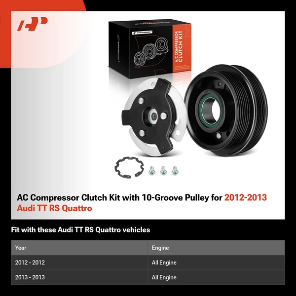AC Compressor Clutch Kit with 10-Groove Pulley for 2012-2013 Audi TT RS Quattro