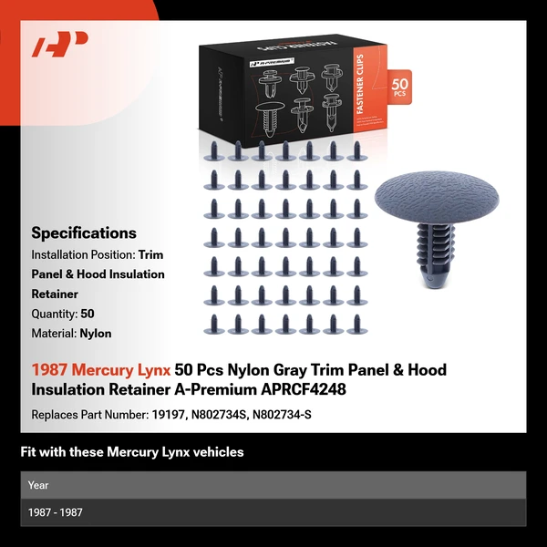 1987 Mercury Lynx 50 Pcs Nylon Gray Trim Panel & Hood Insulation Retainer A-Premium APRCF4248