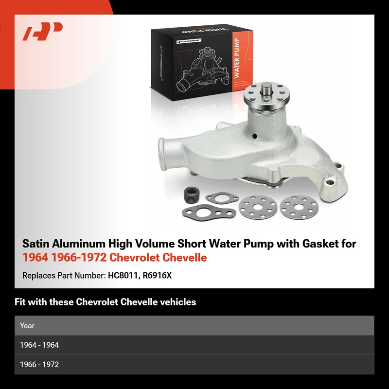 Satin Aluminum High Volume Short Water Pump with Gasket for 1964 1966-1972 Chevrolet Chevelle