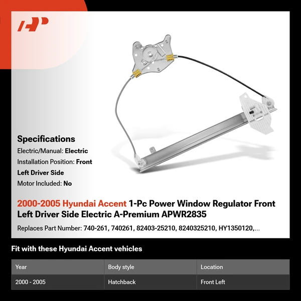 2000-2005 Hyundai Accent 1-Pc Power Window Regulator Front Left Driver Side Electric A-Premium APWR2835