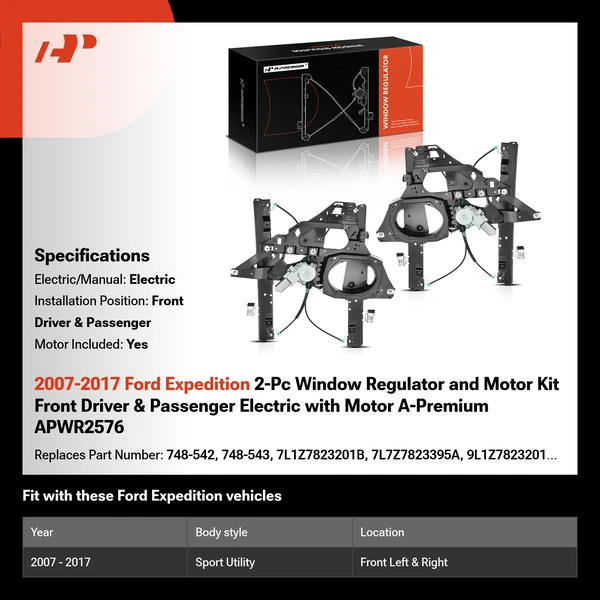2007-2017 Ford Expedition 2-Pc Window Regulator and Motor Kit Front Driver & Passenger Electric with Motor A-Premium APWR2576