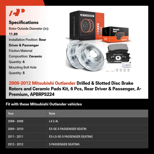 2008-2012 Mitsubishi Outlander Drilled & Slotted Disc Brake Rotors and Ceramic Pads Kit, 6 Pcs, Rear Driver & Passenger, A-Premium, APBRPS224