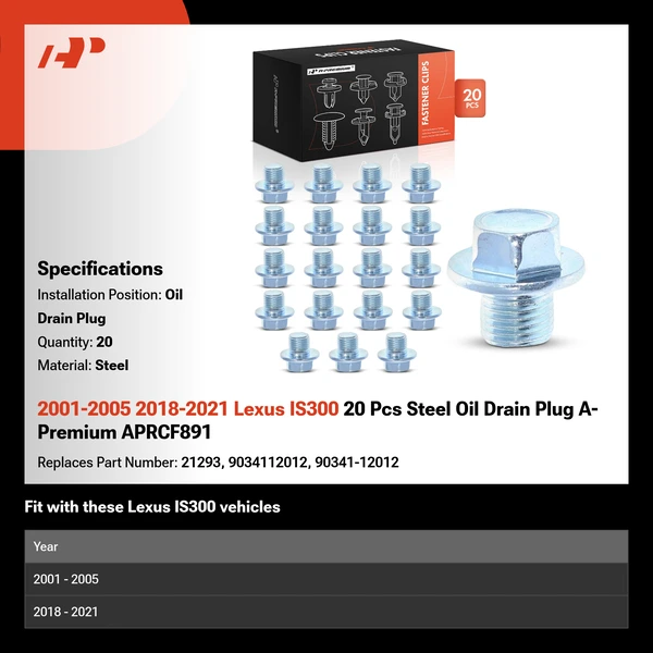 2001-2005 2018-2021 Lexus IS300 20 Pcs Steel Oil Drain Plug A-Premium APRCF891