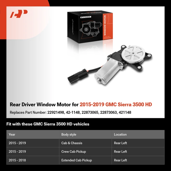Rear Driver Window Motor for 2015-2019 GMC Sierra 3500 HD