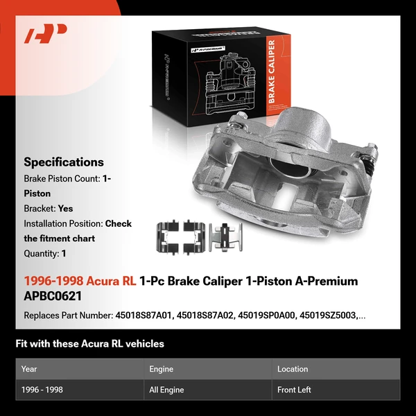 1996-1998 Acura RL 1-Pc Brake Caliper 1-Piston A-Premium APBC0621
