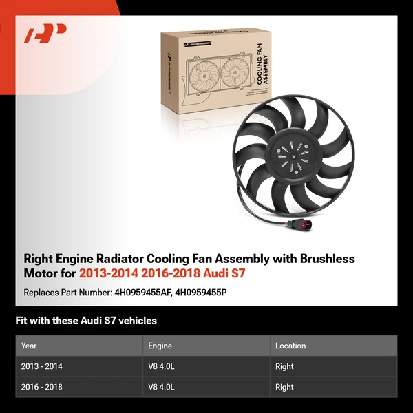 Right Engine Radiator Cooling Fan Assembly with Brushless Motor for 2013-2014 2016-2018 Audi S7