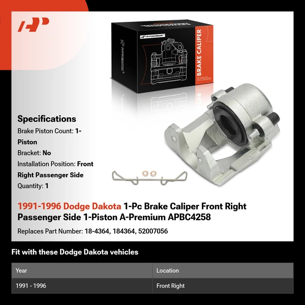 1991-1996 Dodge Dakota 1-Pc Brake Caliper Front Right Passenger Side 1-Piston A-Premium APBC4258