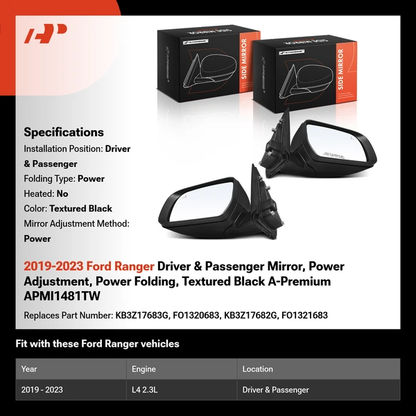 2019-2023 Ford Ranger Driver & Passenger Mirror, Power Adjustment, Power Folding, Textured Black A-Premium APMI1481TW
