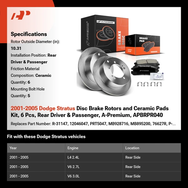 2001-2005 Dodge Stratus Disc Brake Rotors and Ceramic Pads Kit, 6 Pcs, Rear Driver & Passenger, A-Premium, APBRPR040