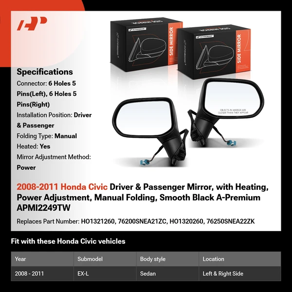 2008-2011 Honda Civic Driver & Passenger Mirror, with Heating, Power Adjustment, Manual Folding, Smooth Black A-Premium APMI2249TW