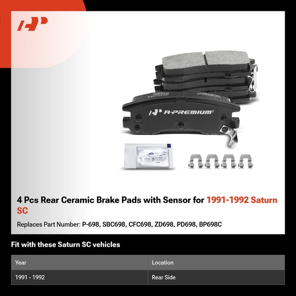 4 Pcs Rear Ceramic Brake Pads with Sensor for 1991-1992 Saturn SC