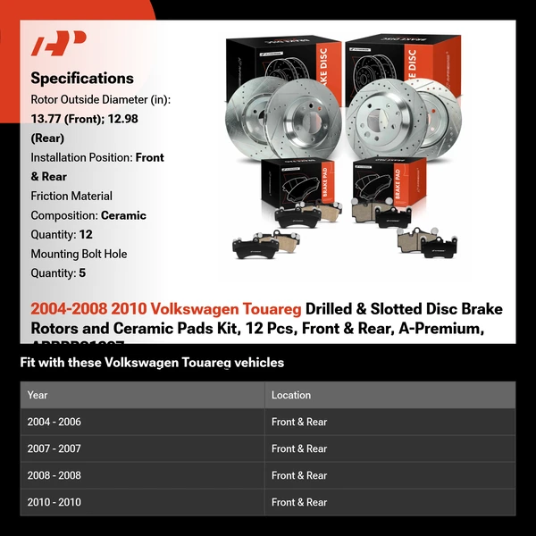2004-2008 2010 Volkswagen Touareg Drilled & Slotted Disc Brake Rotors and Ceramic Pads Kit, 12 Pcs, Front & Rear, A-Premium, APBRPS1397