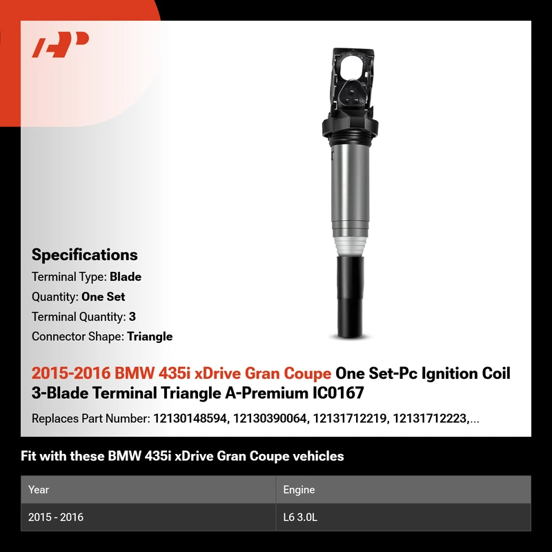 2015-2016 BMW 435i xDrive Gran Coupe One Set-Pc Ignition Coil 3-Blade Terminal Triangle A-Premium IC0167