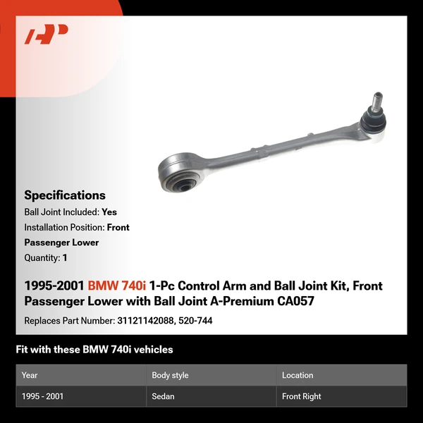 1995-2001 BMW 740i 1-Pc Control Arm and Ball Joint Kit, Front Passenger Lower with Ball Joint A-Premium CA057