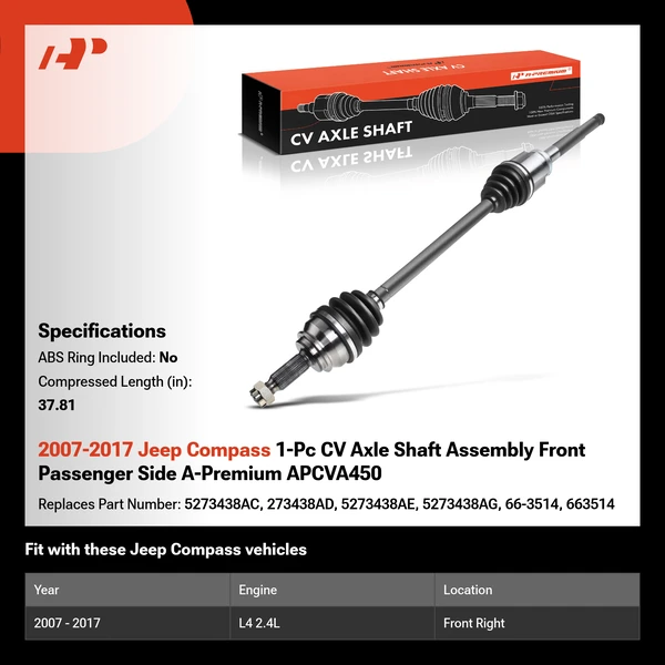 2007-2017 Jeep Compass 1-Pc CV Axle Shaft Assembly Front Passenger Side A-Premium APCVA450