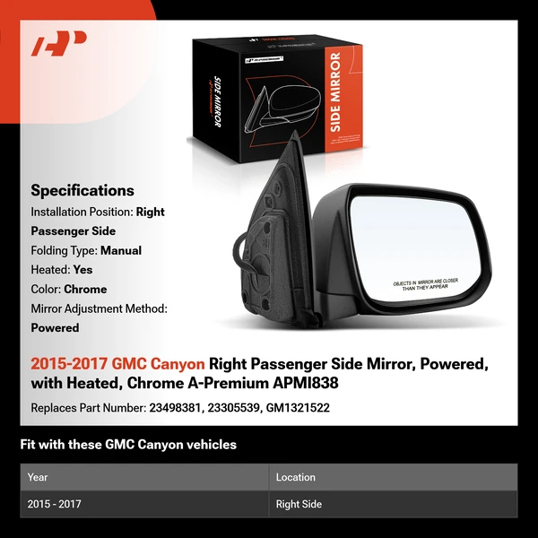 2015-2017 GMC Canyon Right Passenger Side Mirror, Powered, with Heated, Chrome A-Premium APMI838