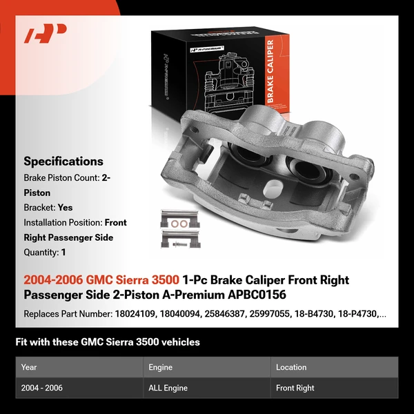 2004-2006 GMC Sierra 3500 1-Pc Brake Caliper Front Right Passenger Side 2-Piston A-Premium APBC0156