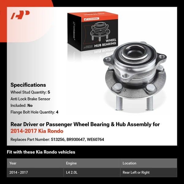 Rear Driver or Passenger Wheel Bearing & Hub Assembly for 2014-2017 Kia Rondo