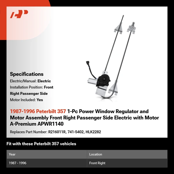 1987-1996 Peterbilt 357 1-Pc Power Window Regulator and Motor Assembly Front Right Passenger Side Electric with Motor A-Premium APWR1140