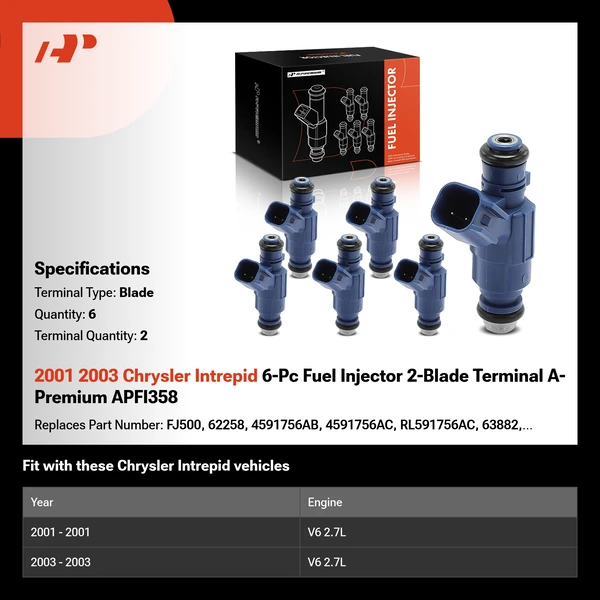 2001 2003 Chrysler Intrepid 6-Pc Fuel Injector 2-Blade Terminal A-Premium APFI358