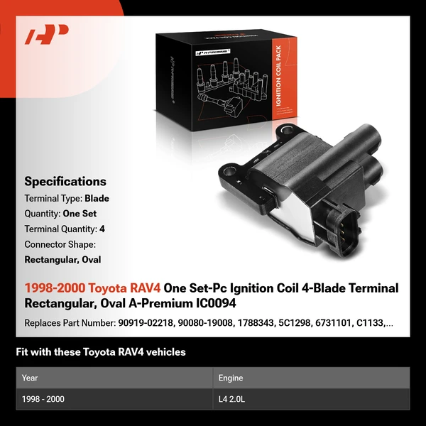 1998-2000 Toyota RAV4 One Set-Pc Ignition Coil 4-Blade Terminal Rectangular, Oval A-Premium IC0094